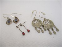 3 Pr 925 Earrings, Opal, Filigree, Red Stone