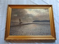 Signed Antique Swedish Oil On Canvas Ship Painting