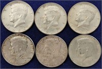 Six 1964 Kennedy Half Dollars
