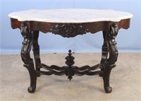 19th C. Carved Mahogany Center Table w/ Marble Top