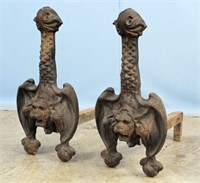 Antique Bat Cast Iron Andirons with Wings