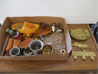 Box of Brass Items, Wooden Shoes, Misc Collectible