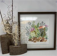 Watercolor Print of Cactus in Bloom & Ornate Vases