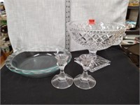 Crystal Compote pie plate 2 candleholders