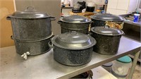 5 Large Speckled Enamel Stock Pots with Lids for