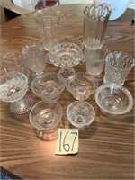 Glass pedestal bowls, glasses, vases
