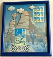 Framed Wile E. Coyote/Road Runner sheet of stamps,