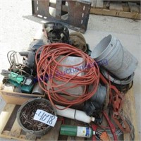 pallet, tractor chains, welding helmets, ext. cord