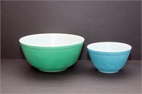 2 Pyrex bowls: green-8.5" & blue-5.5" dia.