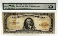 1922 US Gold Certificate, Graded - Ten Dollars -