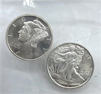 (2) 1/10 Troy Oz. .999 Fine Silver Replica Coins
