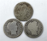 (3) Barber Dimes : 1907, 1916, and Illegible Date