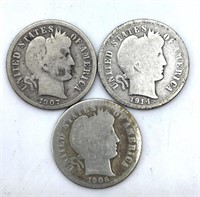 (3) Barber Dimes : 1906, 1907, and 1914