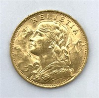 1922 Swiss 20 Franc Helvetia Gold Coin