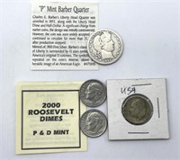 1914 Barber Quarter and 1952 and 2000 Roosevelt