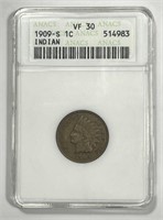 1909-S Indian Head Cent Very Fine ANACS VF30
