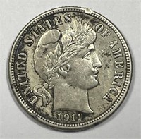 1911-S Barber Silver Dime About Uncirculated AU