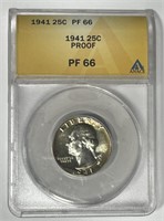 1941 Washington Silver Quarter Proof ANACS PF66