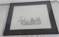 Framed cityscape pen & ink drawing