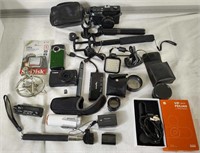 Tub of cameras and assorted camera equipment