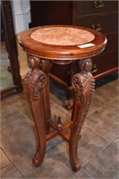 ROUND, CARVED PLANT TABLE W/ MARBLE ENLAYED