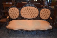 VICTORIAN COUCH- LIGHT ORANGE IN COLOR, HAS STAINS