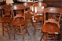5- CARVED SWIVEL BAR HIGH BACK STOOLS- HAS WEAR
