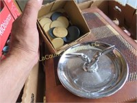 vintage poker chips plastic wood ashtray backgamon