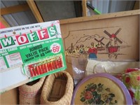 vintage lot aprons wicker shoes hand mirror misc