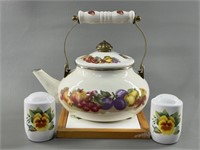 Fruit Design Enamel Teapot, S&P Shakers