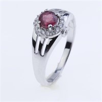 Size 7.5 Silver Ruby Glass Filled Halo Ring
