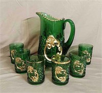Green Glass Gold Painted Pitcher & (6) Glasses
