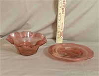 Red Glass Bowl & Plate Fluted Edges on Both
