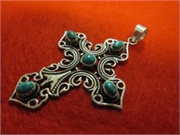 NEW 2" TURQUOISE CROSS PENDANT STAMPED 925