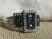 Sterling Silver Ring w/ Blue & White Diamonds