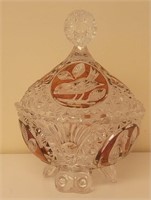Footed, lidded, vintage with cranberry glass
