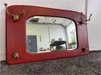 Vintage Wood Wall Mirror w/ Brass Hooks