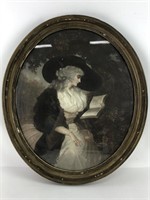 Antique 22" Art Print of Woman Reading