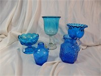 Lot of Vntg MCM Blue Glass Pitcher Vase Compote