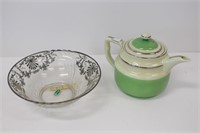 Ceramic Teapot & Sterling Silver Rimmed Bowl