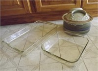 TWO GLASS CASSEROLE DISHES STONEWARE POT