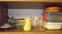 TWO PYREX MEASURING CUPS & TUPPERWARE CUPS & MORE