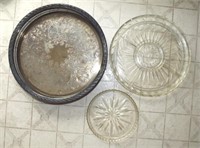 SILVER COLORED SERVING PLATTERS & 2 GLASS SERVING