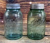 (2) 7" Vintage Blue/Green Ball Mason Jars w lids