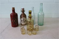 Decanter & 5 Glasses & Bottles