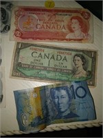 2 Old Canadian Dollar Bills - 1974, 1954 &