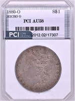 1880 O Morgan silver dollar micro O, AU 58 by PCI