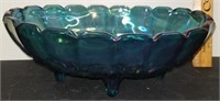 Blue Carnival Glass Footed Bowl