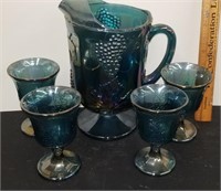 Blue Carnival Glass Pitcher and 4 Goblets