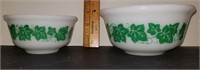 2 Milk Glass Green Leaf Bowls